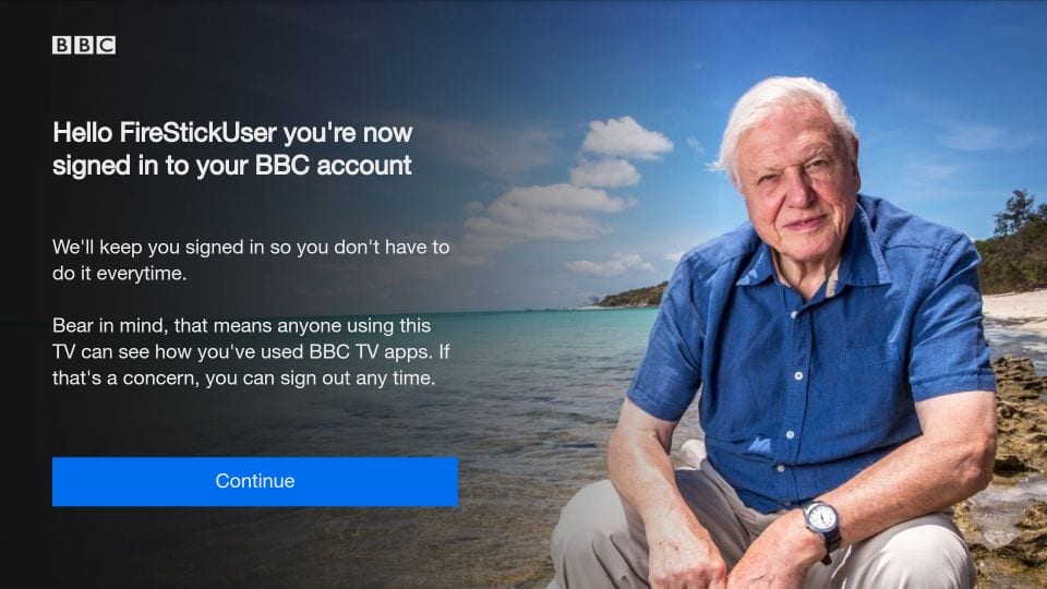 BBC-Website-Bildschirm nach dem Login auf Firestick